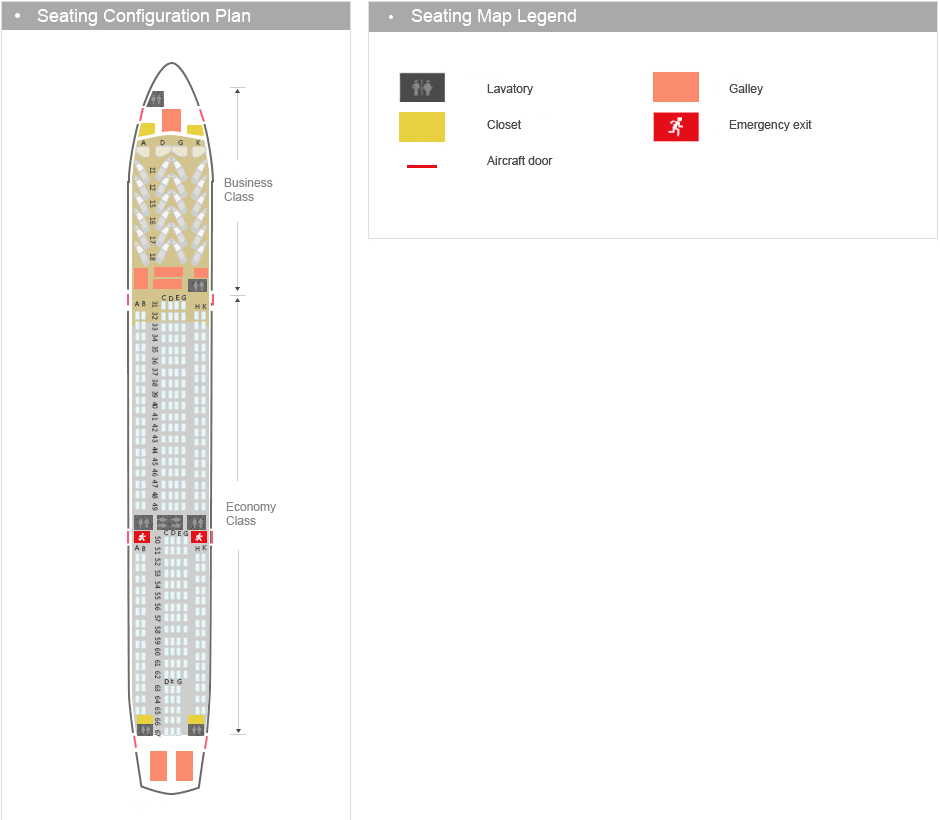 Voici le plan des sièges en épi inversé de l'Airbus 330-300.
