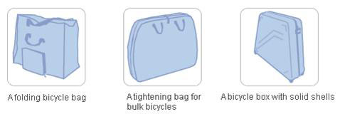 A collapsible bicycle bag, a tightening bag for bulk bicycles and a bicycle box with solid shells